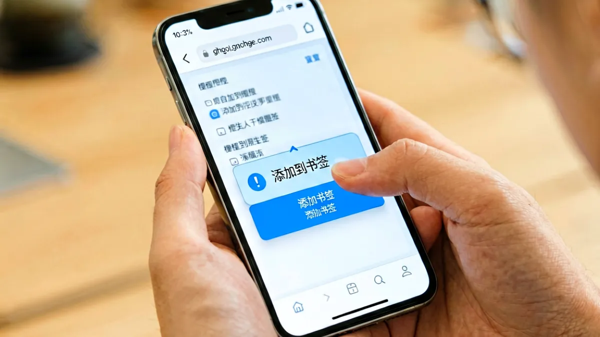 用户手指在手机屏幕上点击收藏按钮，浏览器地址栏显示已保存的网站书签，下方弹出成功提示
