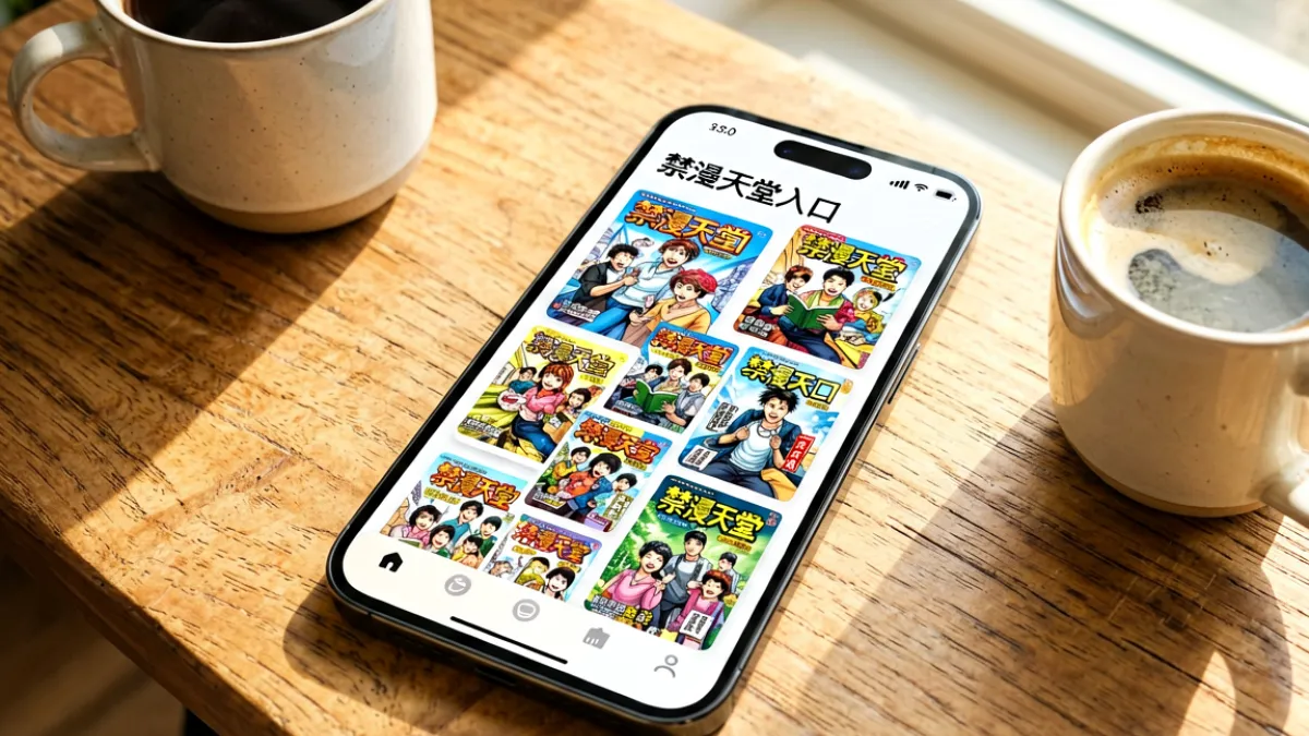 手机屏幕上显示着禁漫天堂入口的漫画列表页面，多位读者正在浏览各类日漫和韩漫作品